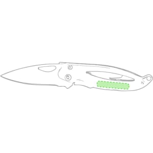 A pocket knife featuring a silver blade and green handle, including a logo on the side. Ideal for keyrings and miscellaneous tools.