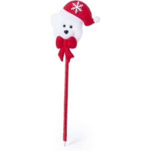 A festive pen featuring a bear wearing a red Santa hat, with a red pen body. It has a cute bow and snowflake detail.