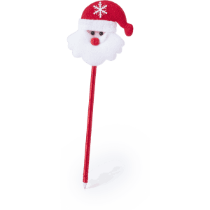 A red pen with a Santa Claus head topper, featuring a white beard, red hat, and a cheerful expression.