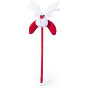 A red and white pen shaped like a reindeer, featuring antlers and a red nose. It has a decorative design at the top.