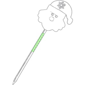 A pen featuring a festive design with a Santa face and a green patterned barrel. It includes a logo on the top.