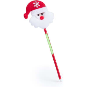 A red pen with a Santa head design featuring a white beard, red nose, and a festive hat.