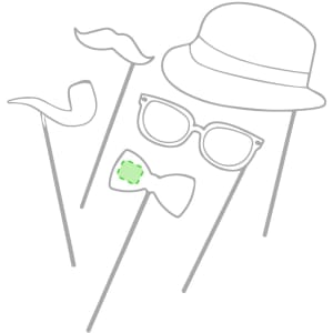 A set of novelty photo props including a hat, glasses, bow tie, moustache, and a stick for holding them.