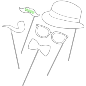 A set of novelty photo props including a mustache, pipe, hat, glasses, and bow tie on sticks, all in white.