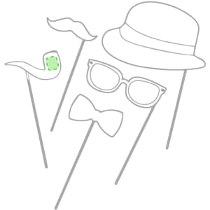 A collection of novelty photo props including a hat, glasses, bow tie, moustache, and pipe on sticks, primarily in grey outlines.
