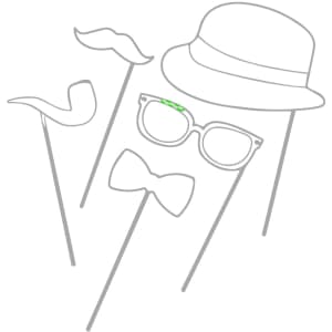 A collection of novelty photo props including a hat, glasses, a bow tie, a moustache, and a pipe on sticks.
