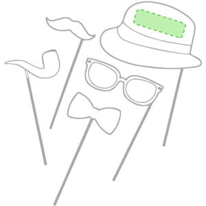A novelty set including a moustache, pipe, bow tie, glasses, and a hat on sticks. Features an empty area for customisation.