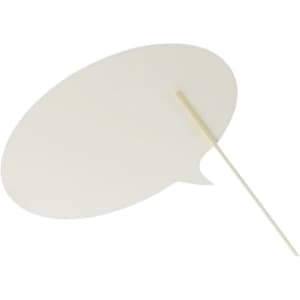 A speech bubble prop in white with a wooden stick, perfect for events and exhibitions.