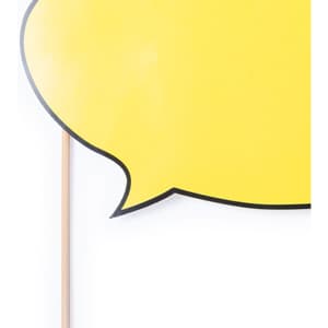 A large yellow speech bubble on a wooden stick, with a black outline. Suitable for events and exhibitions.