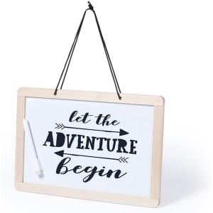 A whiteboard with a wooden frame, featuring decorative text and a hanging string, accompanied by a marker.