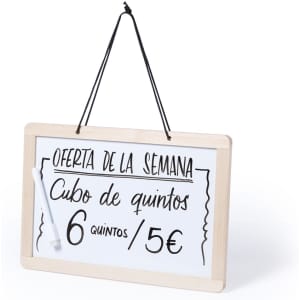A whiteboard with a wooden frame, featuring a hanging cord and a white marker.