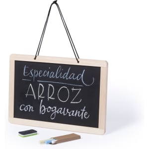 A hanging blackboard with a wooden frame and chalk, featuring handwritten text in blue and white.