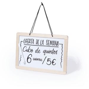 A whiteboard with a wooden frame and a hanging string, featuring handwritten text. Includes a marker.