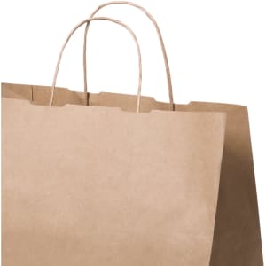 A brown paper bag with handles and a plain exterior, featuring a logo near the top.