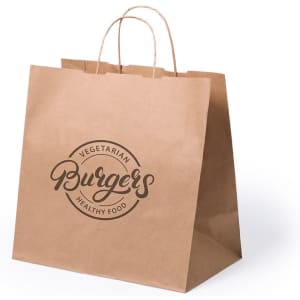 A brown paper bag with handles, featuring a logo related to vegetarian burgers.