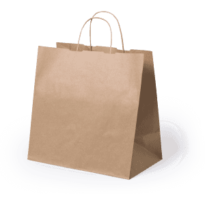 A brown paper bag with handles, featuring a simple design and no visible logos.