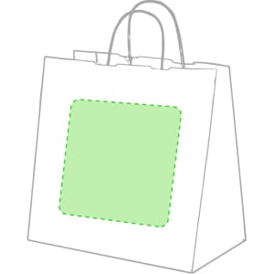 A paper bag with green accents and a blank square area for custom branding. It features sturdy handles for easy carrying.