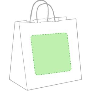 A white paper bag with two handles, featuring a green dotted outline for custom design.