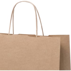 A brown paper bag with handles, featuring a simple design and textured surface. It has a logo on one side.