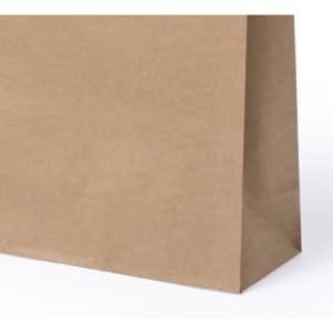 A brown paper bag with a simple design, featuring a gusseted bottom for added strength. It has a logo on one side.