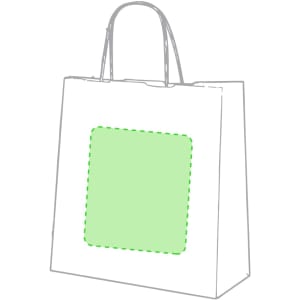 A white paper bag with a green square panel and handles, featuring a simple design.
