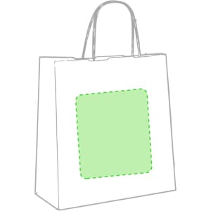 A white paper bag with green dotted outline in the centre and two handles. It features a logo.