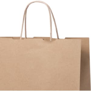 A brown paper bag with handles, featuring a simple design and a smooth surface.