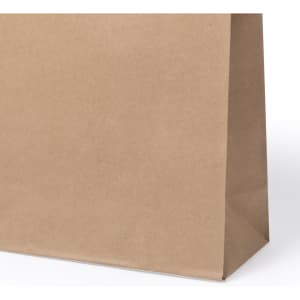 A paper bag in a natural brown colour with a simple design, featuring a logo on one side.