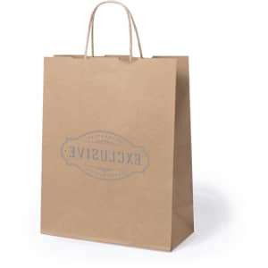 A brown paper bag with handles and a logo, featuring a simple design in grey.