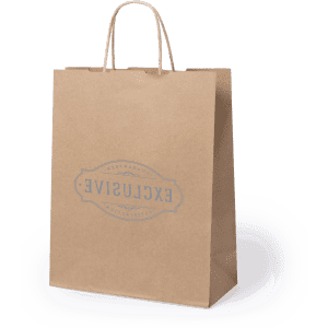 A brown paper bag with a handle and a logo on the front.