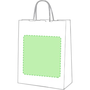 A paper bag with a green area for branding, featuring two handles and a plain white design.