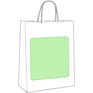 A white paper bag with green accents and handles, featuring a blank area for branding or design.