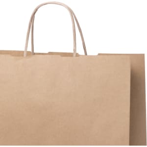 A brown paper bag with a sturdy handle, featuring a simple design and a logo.