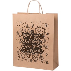 A brown paper bag with a decorative black design and handles, featuring a logo on the front.