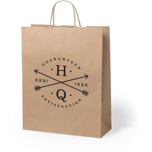 A brown paper bag with a logo featuring crossed arrows and text, showcasing a minimalist design.