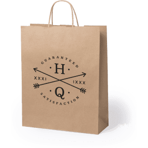 A brown paper bag with a logo featuring crossed arrows and the text "Guaranteed Satisfaction."