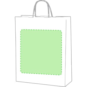 A white paper bag with green accents, featuring a blank centre area. The bag has handles for easy carrying.