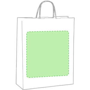 A white paper bag with green accents and a blank square area, featuring handles for easy carrying.