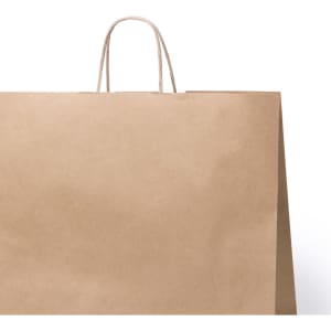 A brown paper bag with handles, featuring a simple design and a logo.