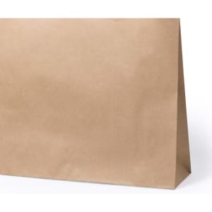 A brown paper bag with a plain design and a logo in the lower corner.