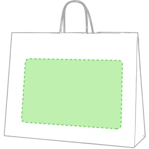 A white paper bag with a green blank area and two sturdy handles, featuring a logo.
