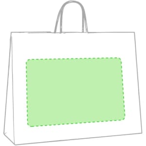 A white paper bag with a green rectangular area and handles. The bag has a logo.