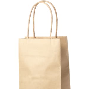 A natural brown paper bag with twisted handles, featuring a simple design and no visible branding.