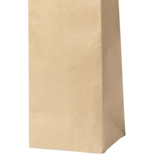 A brown paper bag with a flat base, featuring a simple design and a logo.