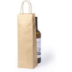 A brown paper bag with handles, containing a wine bottle, featuring a design label.