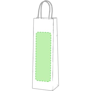 A tall white paper bag with a green rectangular panel and handles for carrying.