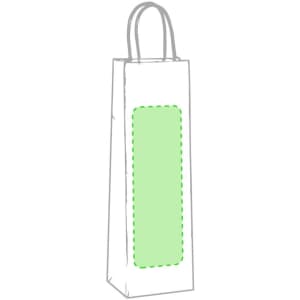 A white paper bag with a green rectangular panel and handles. It has a simple, minimalist design.