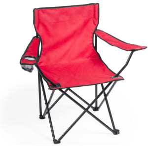 A red folding chair with black trim and armrests, featuring a built-in drink holder and a framed structure.