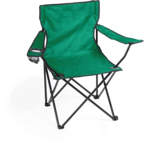 A green folding chair with black trim and a cup holder on one armrest. It has a compact, portable design.