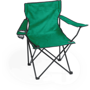 A green folding chair with a black frame, featuring a cup holder on the side.